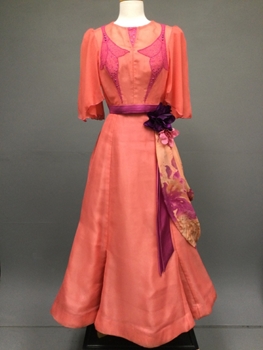 Coral, Pink, Chiffon, Mesh, Solid, Dot, Victorian, Chiffon Outer Blouse with Pink Mesh Deco with Rhinestones at Chest, Raw Silk Base Bodice, Butterfly Sleeves, Pink Satin Waistband, Zipper at Center Back with Six Hook and Eye Closure. 