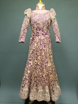 Rose Pink, Lavender, Fuchsia, Polyester, Satin, Applique, Victorian, High Neck, Long Sleeve with Puffed Sleeve Cap, Center Back Zip with Snap Rigged Button Closure, Lace Applique All Over, Built in Petticoat, Detachable Collar for Cleaning, Flared at Hem. 