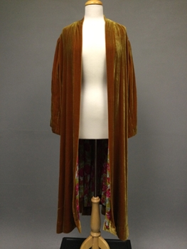 Copper, Chartreuse, Velvet, Chiffon, Solid, Open Front, Shawl Collar, Bell Sleeves, Gathered at Shoulders, Orange Velvet with a Green Shift, Vibrant Green and Pink Floral Chiffon Lining, Longline. 