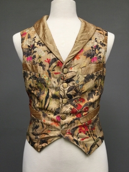 Gold, Red, Black, Cotton, Silk, Floral, Shawl Lapel, Double Breast Pockets, Five Button Front, Gold Striped Buttons, Two Waist Pockets, Silk Trim on Pockets, Contrast Back with Gold Silk and Adjustable Waist Belt. 